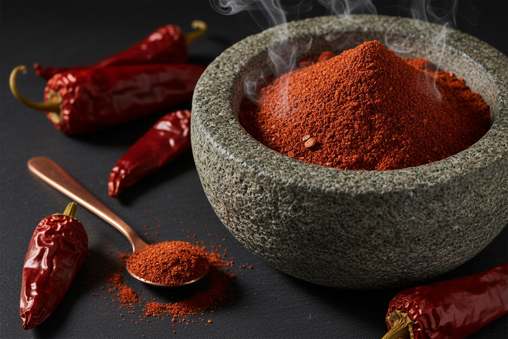 Cinematic macro product photo of a stone mortar filled with deep red smoked paprika powder. Around the mortar: dried chili peppers, sweet paprika pods, small copper spoon with paprika, and a fine smoky mist above the powder. Matte black slate background, warm soft lighting, dramatic shadows, ultra-realistic textures, premium gourmet style.