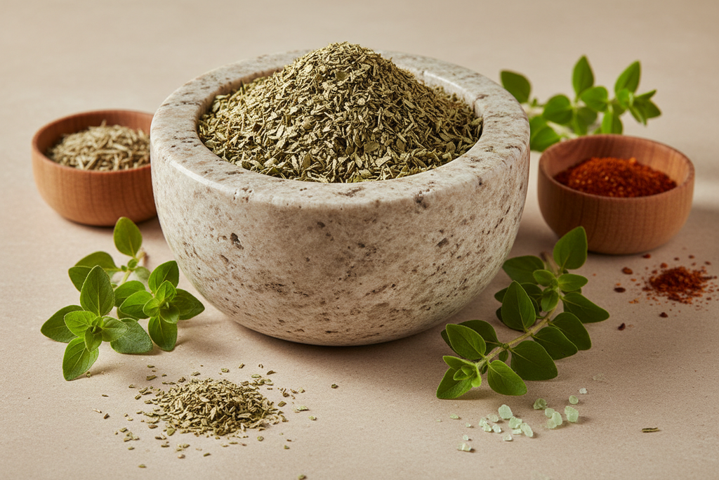 Clean high-end macro photo of a stone mortar filled with dried organic oregano. Around it: fresh oregano sprigs, small wooden bowls with dried herbs, a light scattering of oregano leaves. Soft natural Mediterranean sunlight, beige stone background, premium organic food aesthetic, ultra-detailed textures, minimalistic and elegant composition.