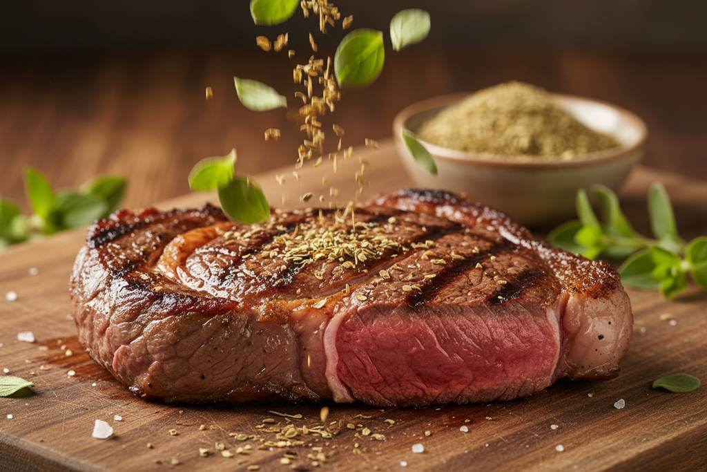 Dem Bild soll das Steak sein mit Oregano, was darauf fliegt